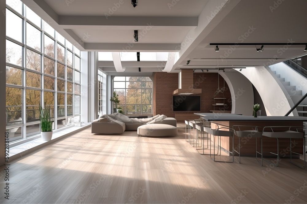 Fototapeta premium Impressive modern interior design with an open plan kitchen and cozy living room, generative ai