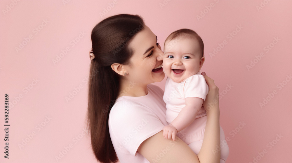 Happy mother's day, mom and her young girl, smiling together, pink background, generative ai Happy mother's day, mom and her young girl, smiling together, pink background, generative ai