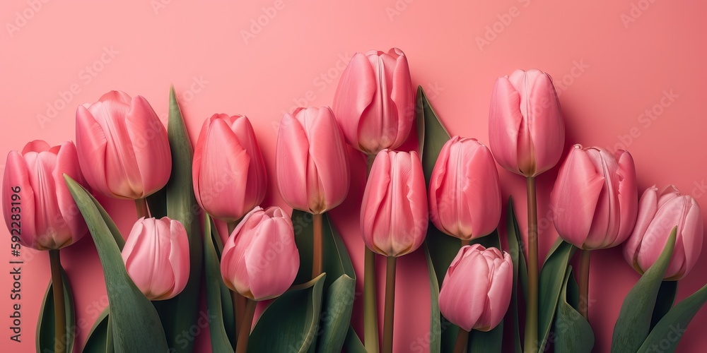 Pink background with pale rose tulips and lots of copy space, generative ai Pink background with pale rose tulips and lots of copy space, generative ai