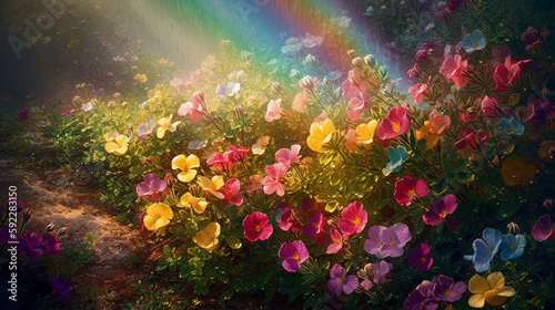 colorful spring   s flowers  over the beautiful wonderful rainbow  fantasy  romantic dreamy mood Generative AI