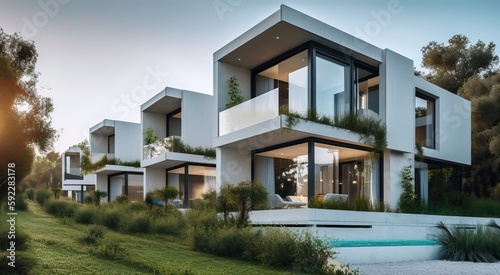 Luxury residential development with pool, generative ai © FrankBoston