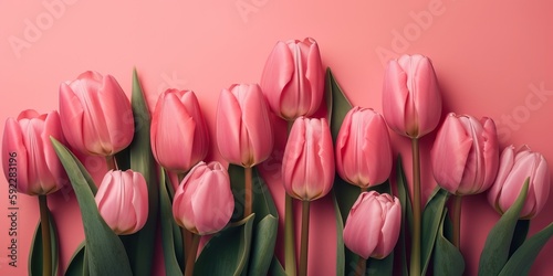 Pink background with pale rose tulips and lots of copy space, generative ai