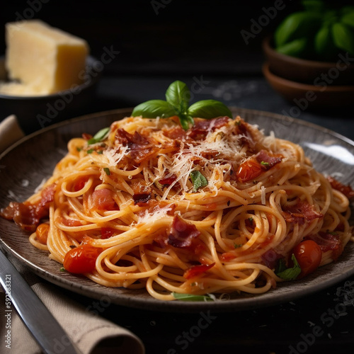 Spaghetti Carbonara with bacon, parmesan cheese and tomato sauce. AI generated