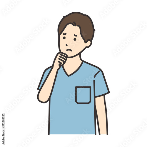 顎に拳をあてて悩む看護師の男性のイラスト