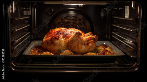 chicken in oven, close up Generative AI photo