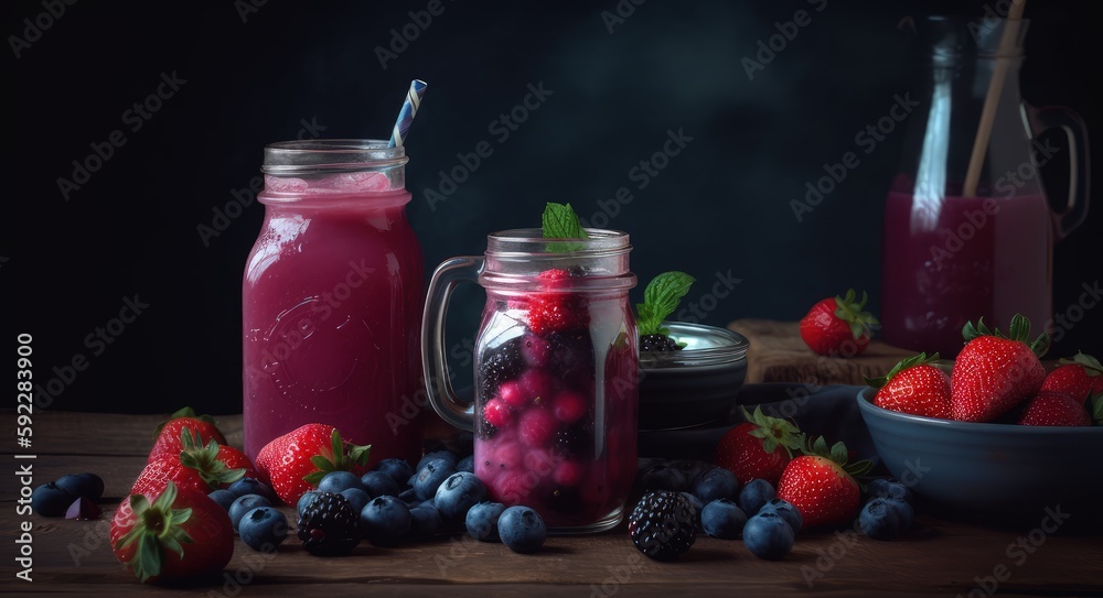 berrie smoothie in a glas with a straw and various berries on a table - ai-generated