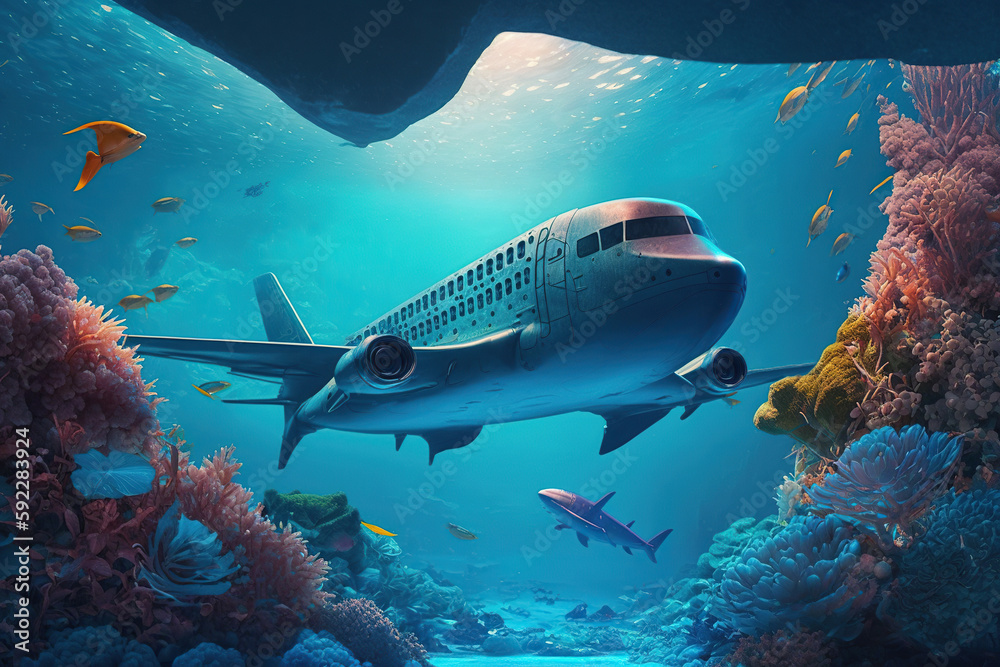Fototapeta premium A large airplane or aircraft underwater covered in green algae and coral, plane catastrophe, AI Generative.