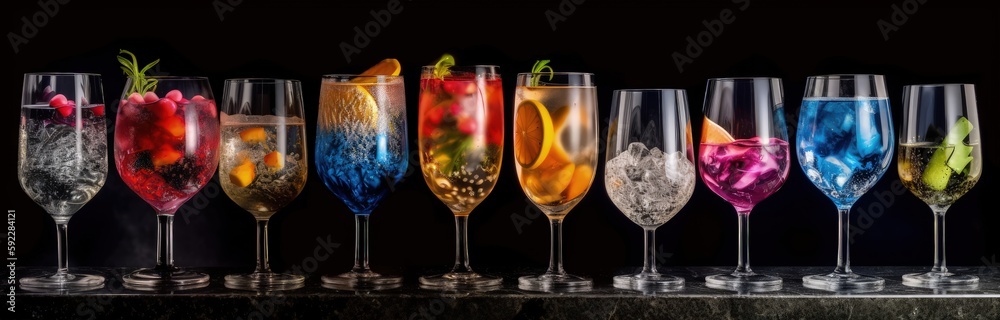 colorful mocktails, cocktails in various glasses in a row - ai-generated colorful mocktails, cocktails in various glasses in a row - ai-generated