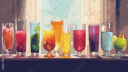 colorful mocktails  cocktails in various glasses in a row - ai-generated