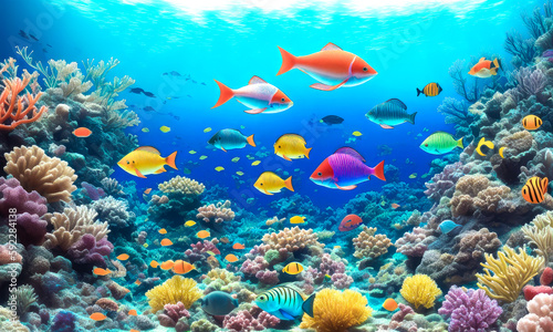 Underwater world. Coral reef and fishes. Animals of the underwater sea world. Ecosystem. Colorful tropical fish. Life in coral reef. Generative AI © Celt Studio