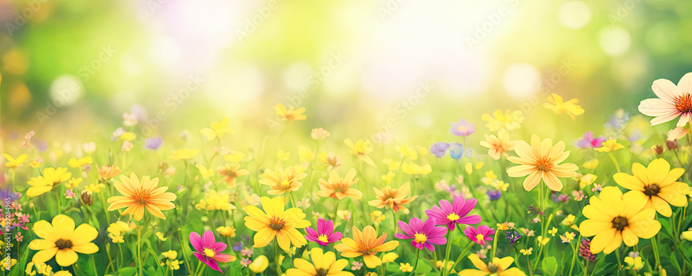 Fototapeta Beautiful field meadow flowers chamomile, blue wild peas in morning, nature landscape, close-up macro. Wide format, copy space. Delightful pastoral airy artistic image. Generative AI