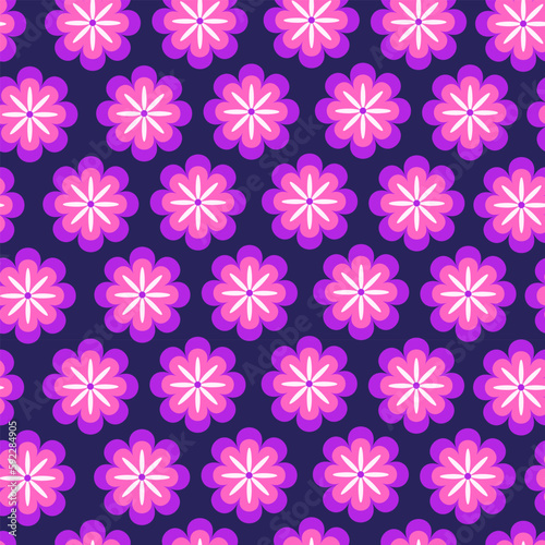 Cute Retro 70s groovy flowers in pink and purple seamless pattern. For textile, home decor and fabric 