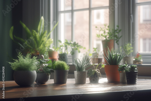 plants and greenery to add a pop of color and life to your living room plants or a small herb garden on a windowsill, Generative AI 