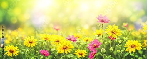 Summer spring natural flower background banner. Wildflowers on bright sunny day with beautiful bokeh. Sunny garden in sunlight on nature outdoors. wide banner format. Generative AI © Celt Studio