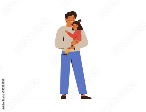 oung man holds his child on hands with love and care. Happy father with his baby daughter embrace together. Family and parenthood concept. Vector illustration