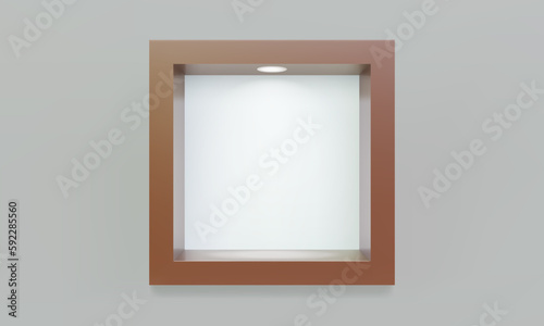 Empty brown cube shelf or niche on wall with led spotlight 3D mockup. Shop, gallery plastic or wooden showcase to present product. Blank retail storage space. Interior bookshelf