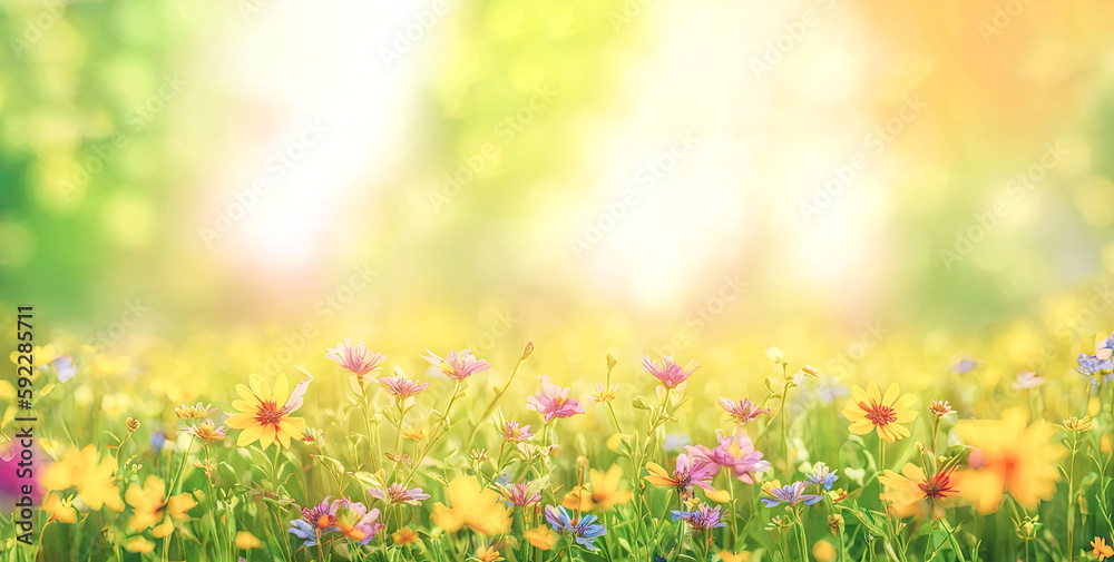 Beautiful field meadow flowers chamomile, blue wild peas in morning, nature landscape, close-up macro. Wide format, copy space. Delightful pastoral airy artistic image. Generative AI