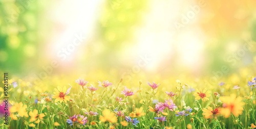Beautiful field meadow flowers chamomile  blue wild peas in morning  nature landscape  close-up macro. Wide format  copy space. Delightful pastoral airy artistic image. Generative AI