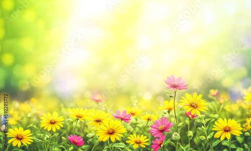 Beautiful field meadow flowers chamomile  blue wild peas in morning  nature landscape  close-up macro. Wide format  copy space. Delightful pastoral airy artistic image. Generative AI