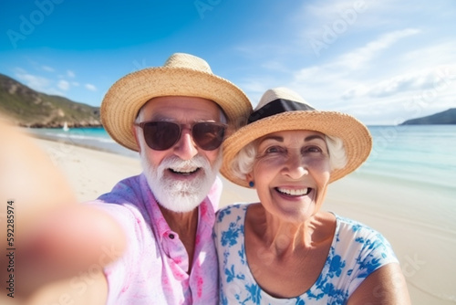  Couple of old people travelers tourists make selfie. Created with generative Ai technology.