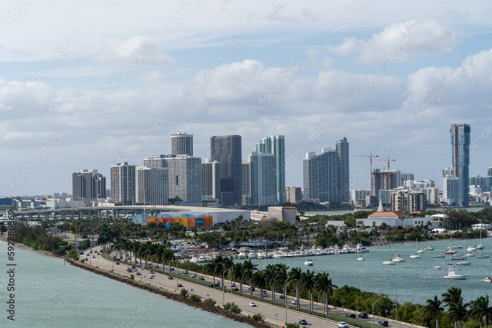 Fototapeta premium Arial shot of the city Miami in Florida surrounded by crystal clear water