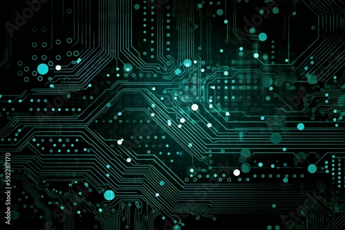Green and black abstract technological circuit board background, generative AI