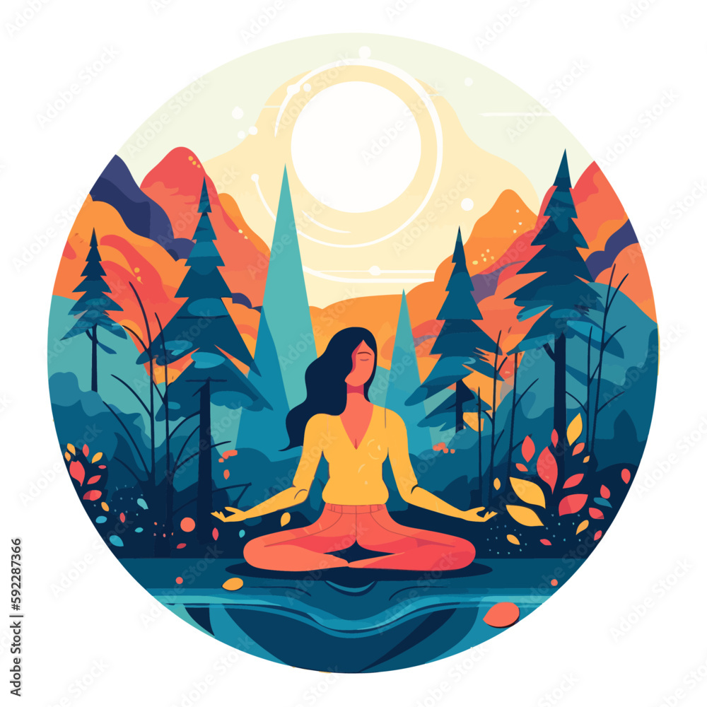 Woman in meditation. Lotus pose sitting with legs crosse. Spiritual yoga exercise minimalistic vector.
