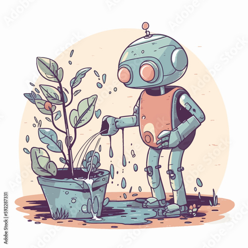 Cute cartoon robot tending the garden. Vector illustration of technology helping the environment. Earth day.
