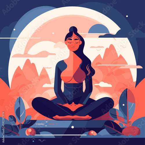 Woman in meditation. Lotus pose sitting with legs crosse. Spiritual yoga exercise minimalistic vector. 