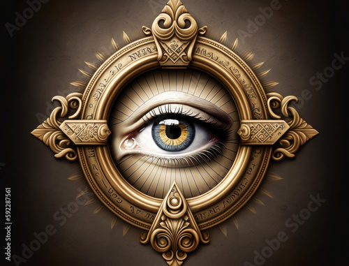 All seeing eye , illuminati symbol in triangle with light Eye of Providence Generative AI