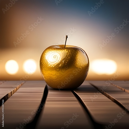 Złote jabłko we wzory, martwa natura kompozycja na ciemnym tle, 3D renderowane