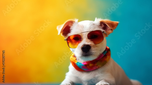 The Artistic Puppy in Glasses: An Abstract Clip-Art Treasure. AI Generated Art. Copyspace, Background, Wallpaper. Spring and Summer Vibes. Colourfull Animals.