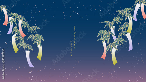Japanese-style background　シンプルな七夕の和風のイラスト　夜空の七夕　笹の葉飾り　夏　願い事