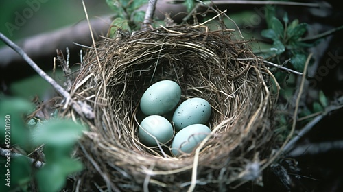 A close-up of a bird's nest with eggs inside, perched on a branch.