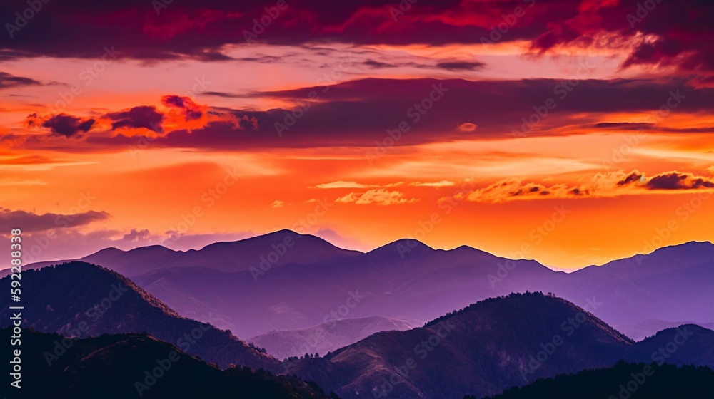A colorful sunset over a mountain range, with the sky painted in shades of orange, red, and purple.