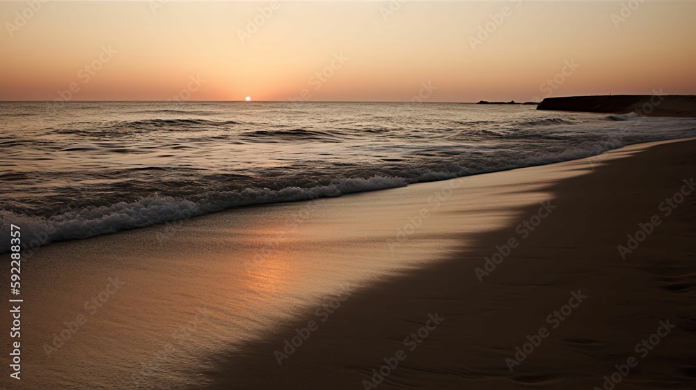 A deserted beach at sunset, with the waves gently lapping at the shore.