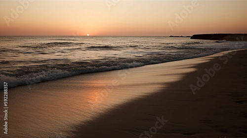 A deserted beach at sunset  with the waves gently lapping at the shore.