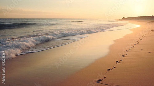 Tableau sur toile A deserted beach at sunset, with the waves gently lapping at the shore