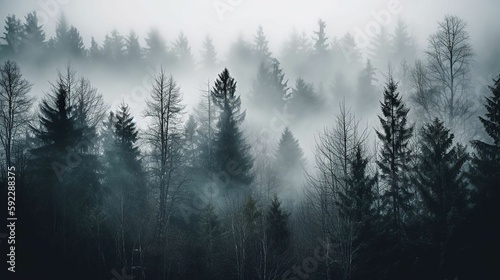 A dense mist shrouding a forest and giving it an eerie quality. © Valentin