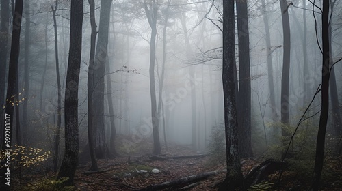 A dense mist shrouding a forest and giving it an eerie quality.