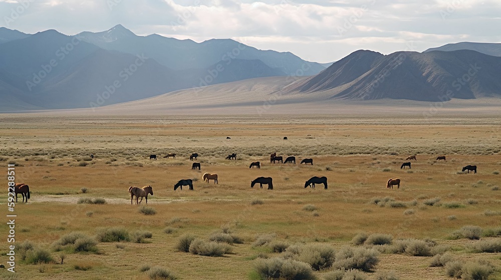 A herd of grazing wild horses on a vast plain, with mountains in the distance.
