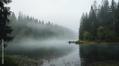A lake surrounded by dense forest, with mist rising from the water.