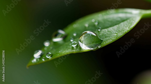 A macro shot of a single raindrop hanging from a leaf.