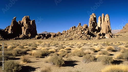 A rocky desert landscape, with towering rock formations and a clear blue sky above.