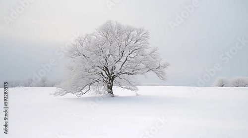 A snowy landscape with a lone tree in the foreground, its branches laden with snow.
