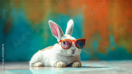 The Adorable White Rabbit with a Twist: An Abstract Clip-Art Charmer. Ai generated Art. Copyspace. Summer, Spring colourfull background.