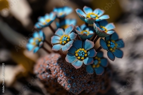 A cluster of tiny blue flowers on a shrub. Generative AI photo