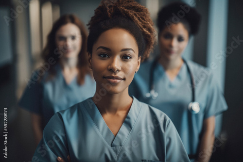 AI generated image of confident African American female doctor in medical uniform standing with blurred colleagues in hospital photo