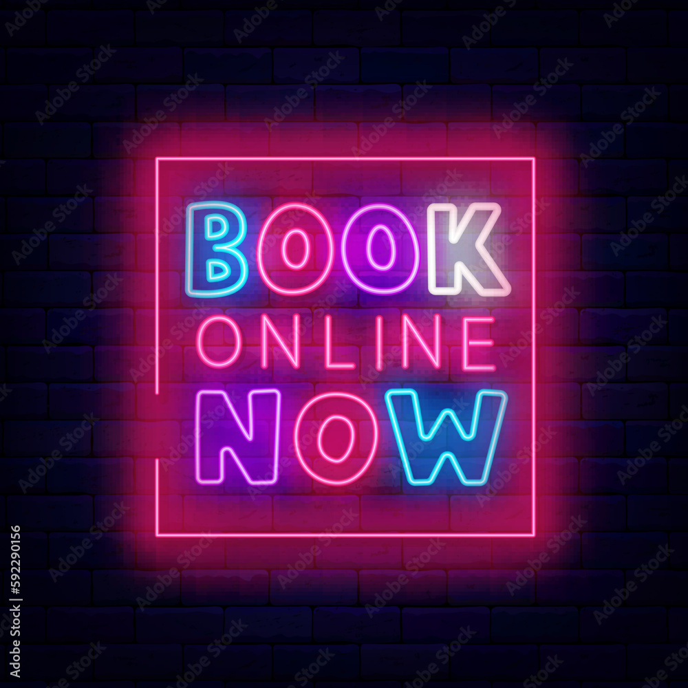Book online now neon label. Pink square frame. Glowing sign on brick wall. Internet hotel booking. Vector illustration