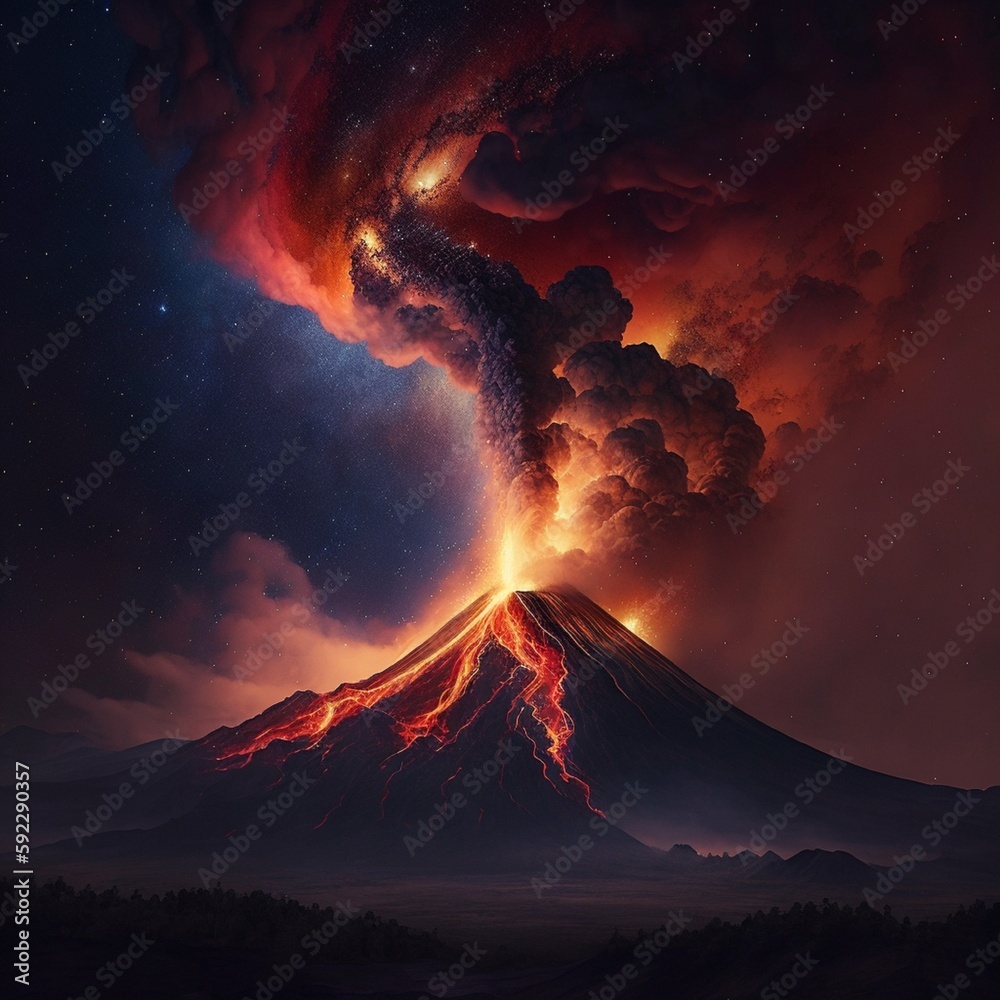 beautiful volcano eruption at night